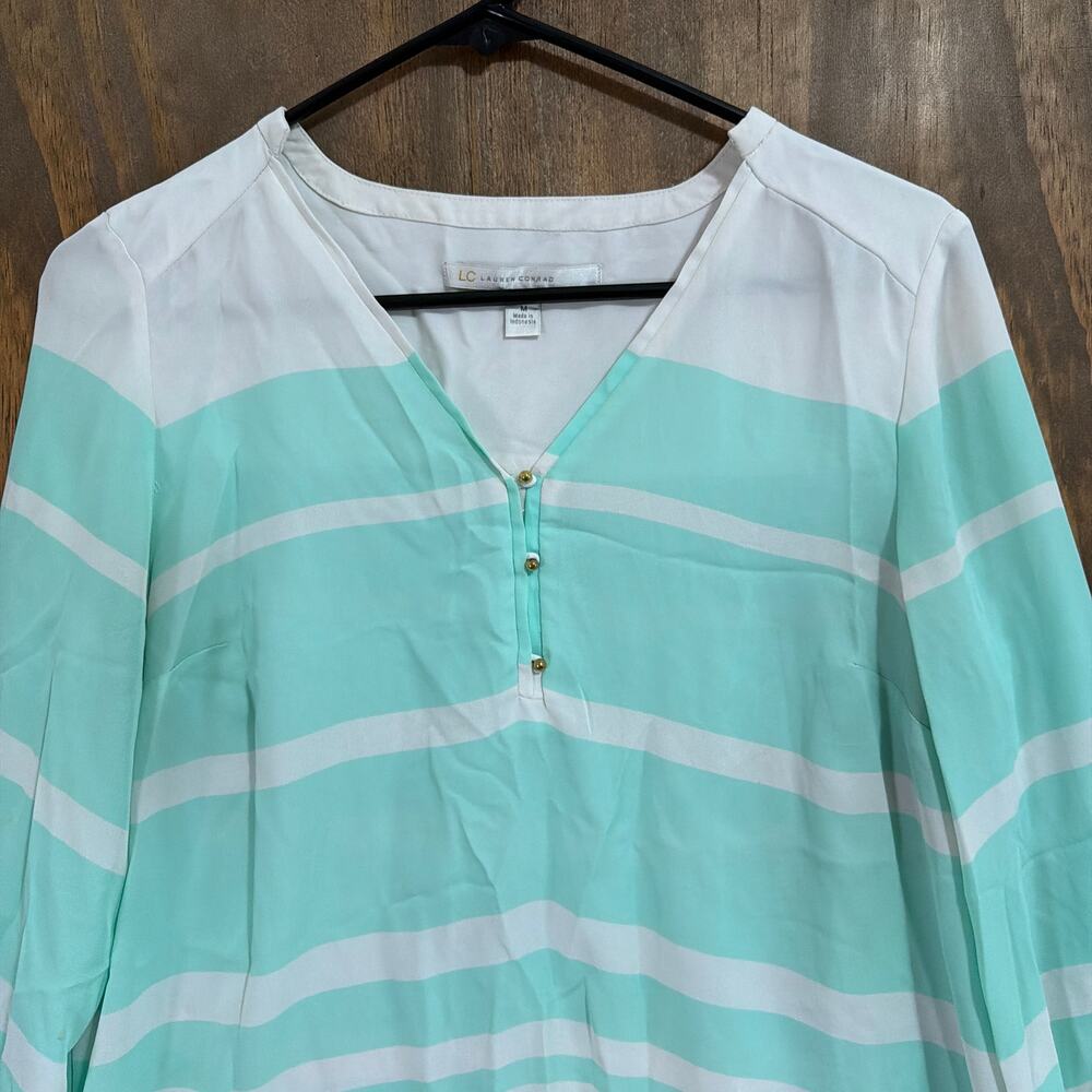 Lauren Conrad Womens Blouse Multicolored Colorblock V Neck Long Sleeve Sheer M - Picture 2 of 11